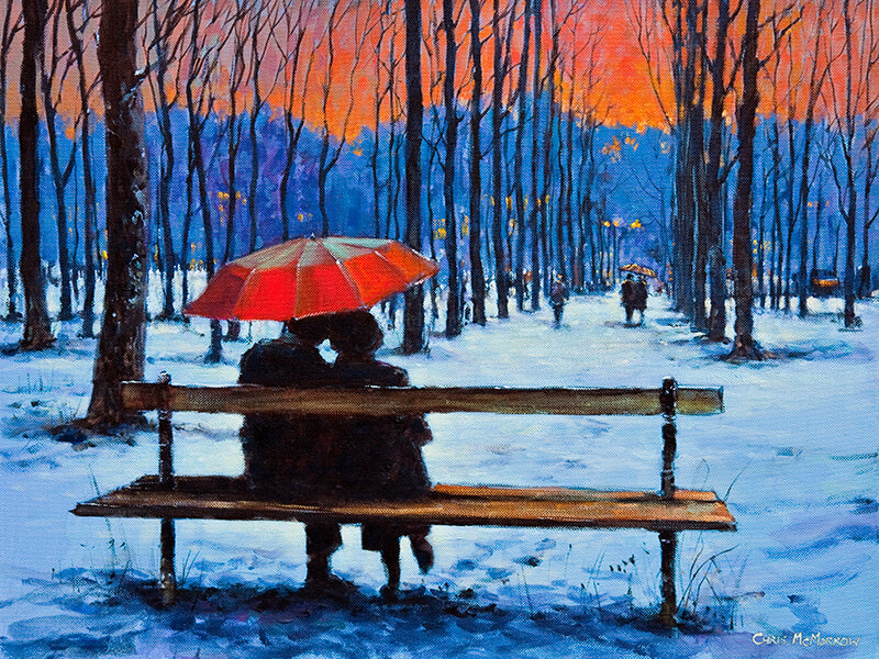 couple under a red umbrella in a snowy paris park