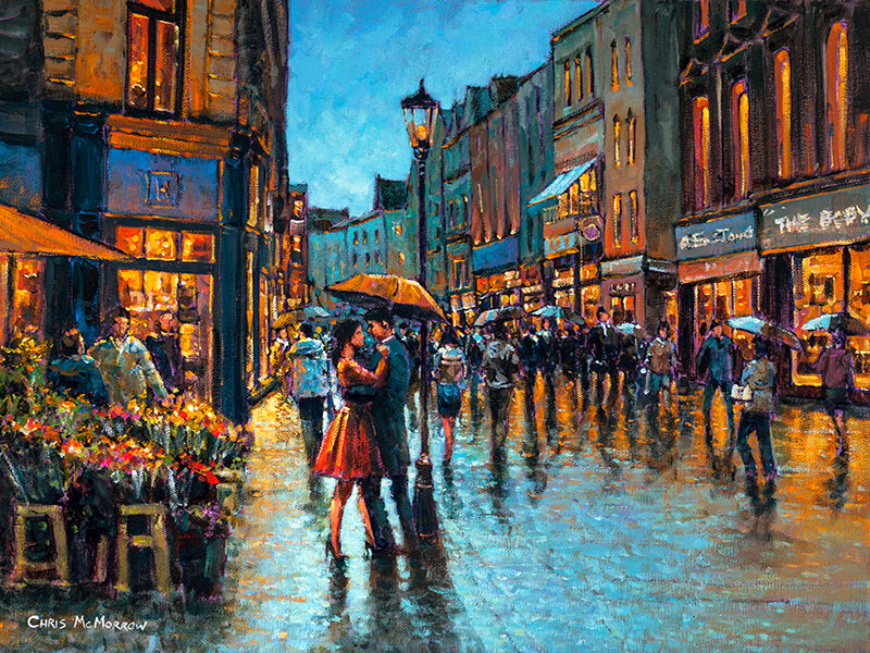 couple under an umbrella dancing on grafton street