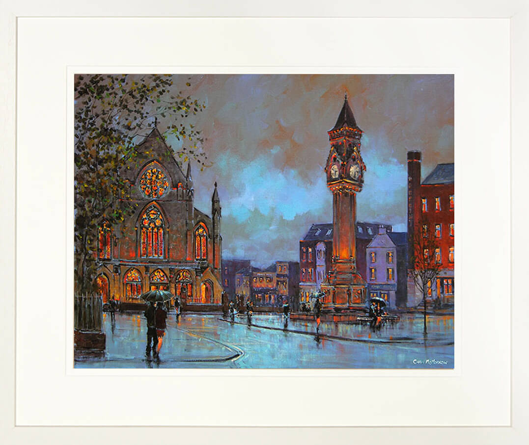 A framed print of a painting of the square at Baker Place and Taits Clock tower in the background