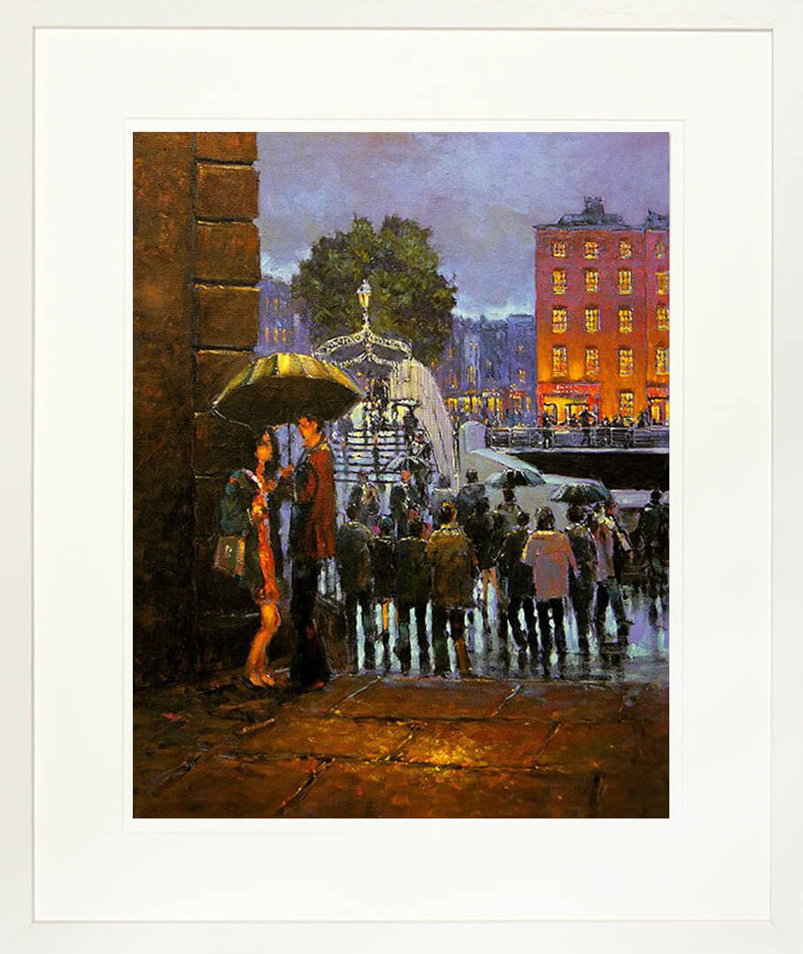 A framed print of a painting of two lovers in a romantic embrace sheltering under Merchants Arch, Dublin city