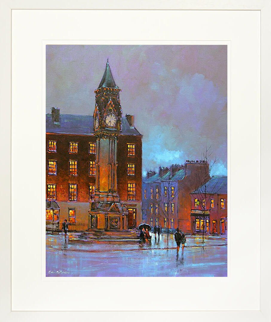 A framed print of a painting of the Taits clock tower in Limerick city centre