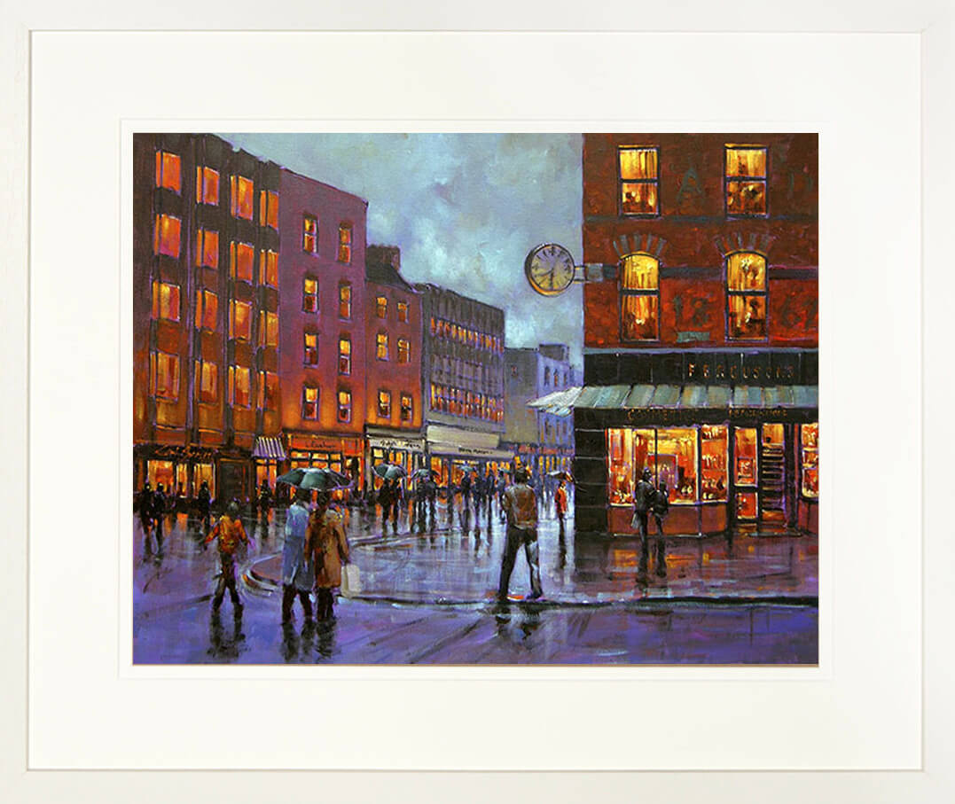 A framed print of a painting of a Limerick city streetscape