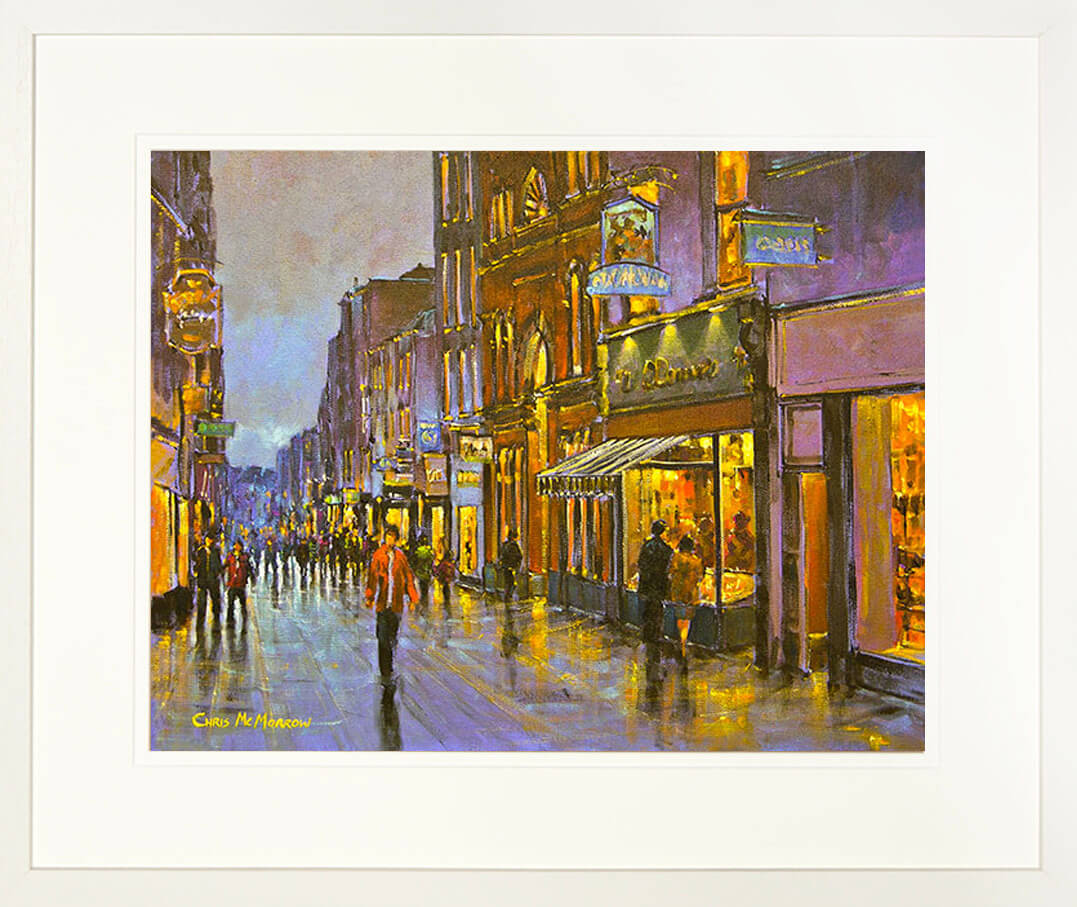 A framed print of a painting of a busy street beside the doorway to the English Market in Cork city