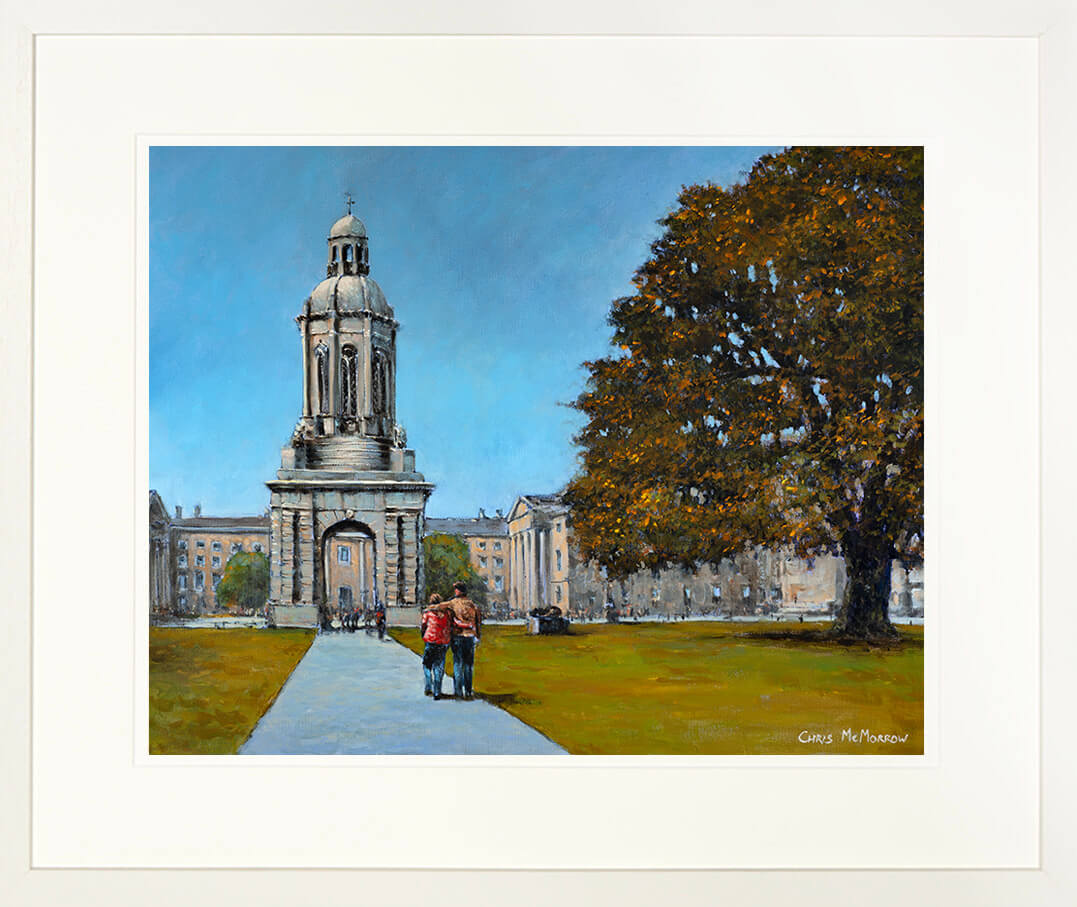 Framed print of two people walking in Trinity College, Dublin city centre