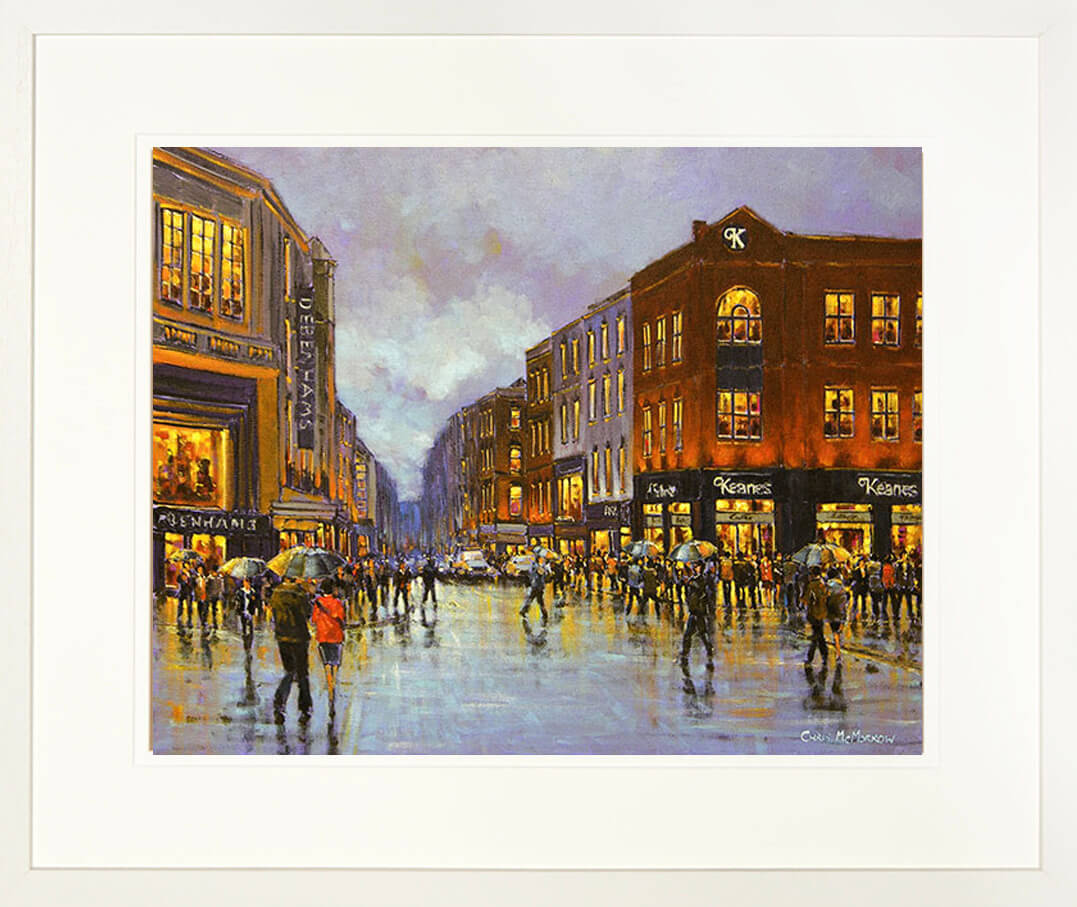 A framed print of a painting of a group of people about to cross O&#39;Connell Street in Limerick City centre