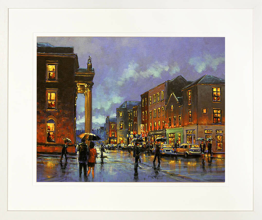 A framed print of a painting of a crowded Henry Street in Limerick city centre