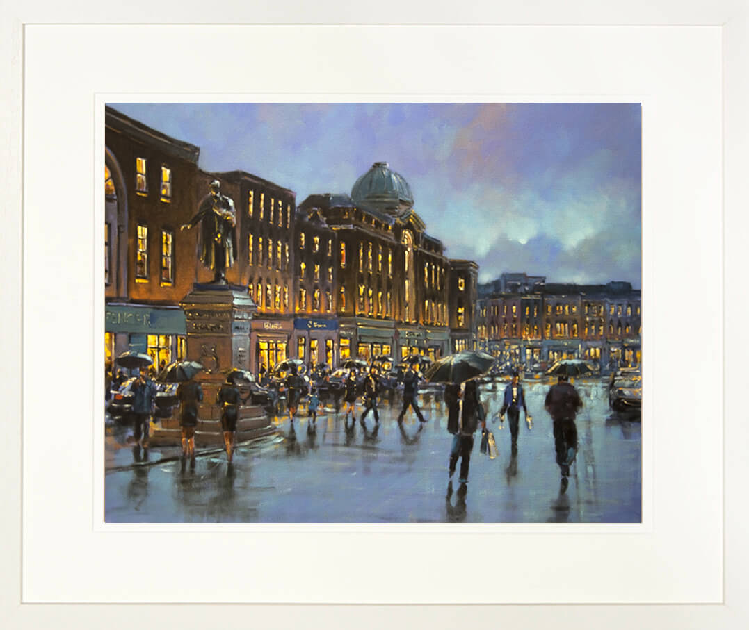 Framed print of Patrick Street, Cork on a rainy evening, busy with people