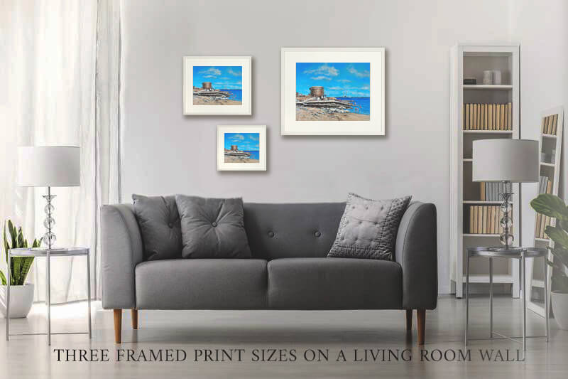 PHOTO OF THE THREE seapoint PRINT SIZES ON A LIVING ROOM WALL