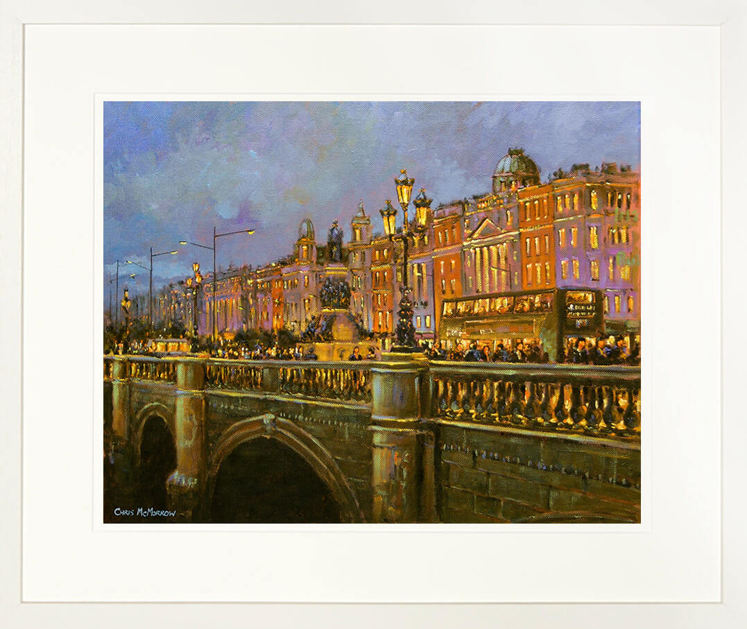 Framed print of a painting of a busy O&#39;Connell Bridge in Dublin city centre