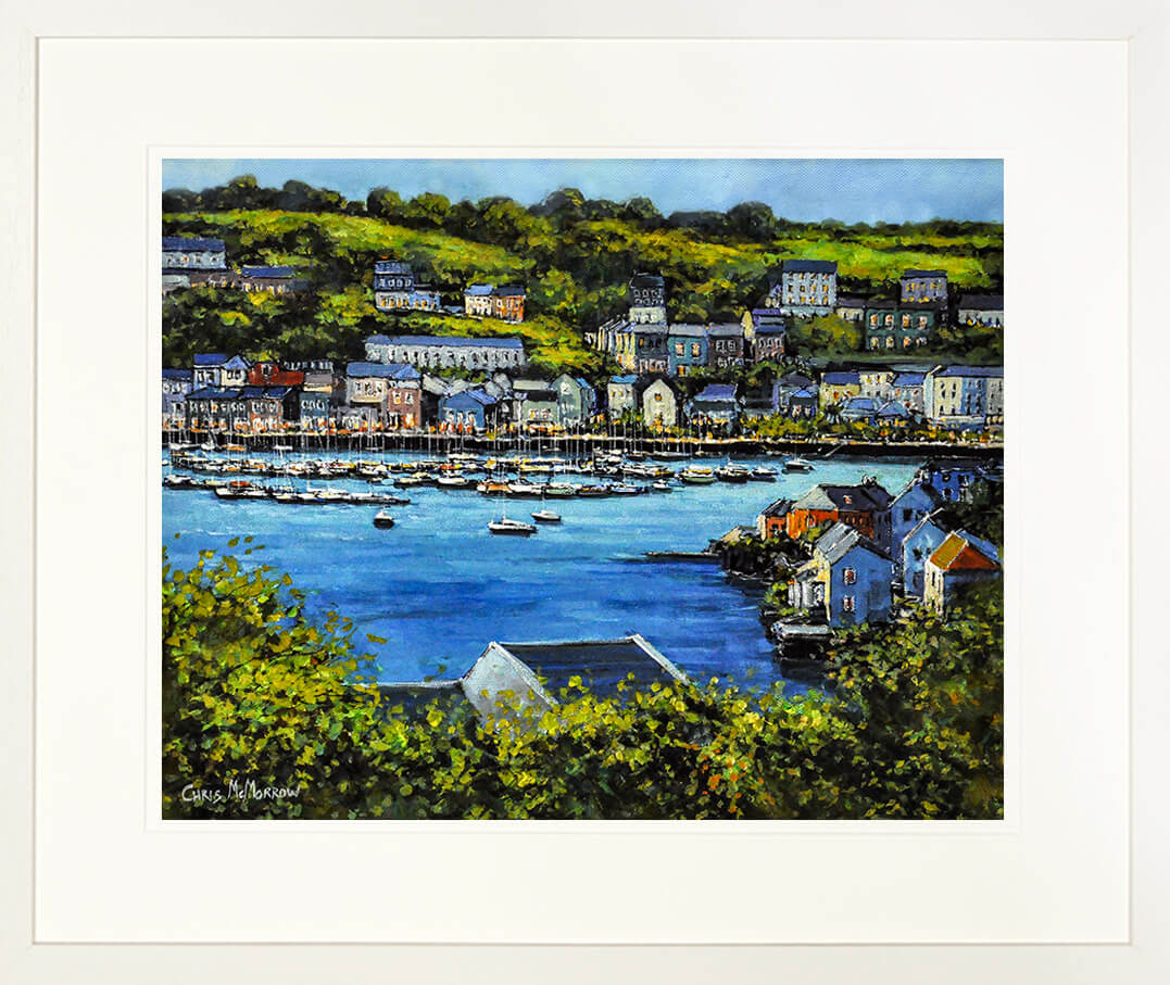 A framed print of a painting of Kinsale harbour, Co Cork