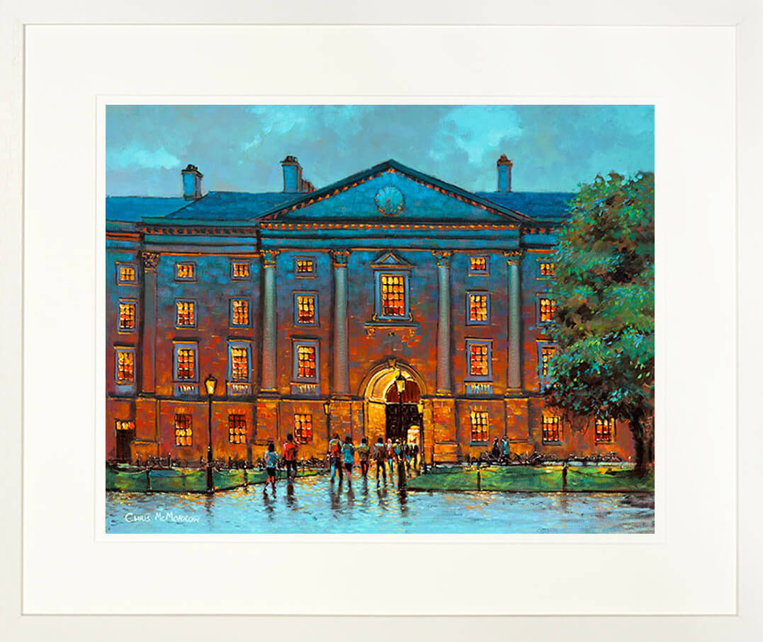 A framed print of a vibrant painting of the inside campus of Trinity College in Dublin city centre