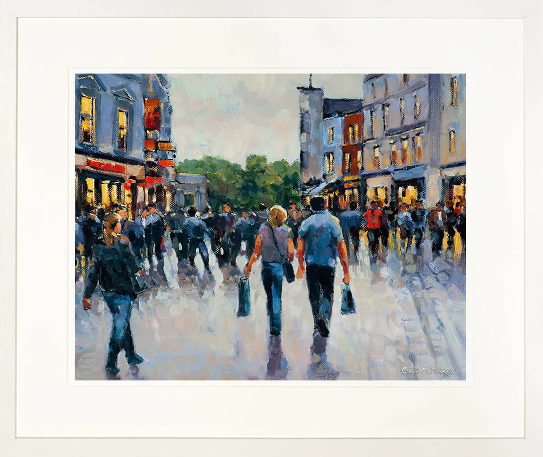 framed art print showing a couple walking on grafton street with shopping bags
