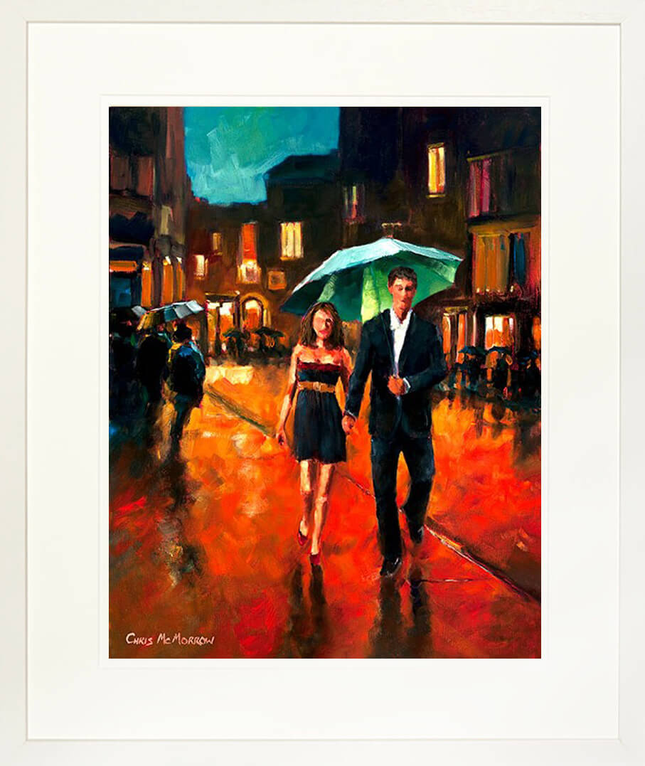 A framed print of a vibrant painting of two lovers out for the night sheltering under a green umbrella