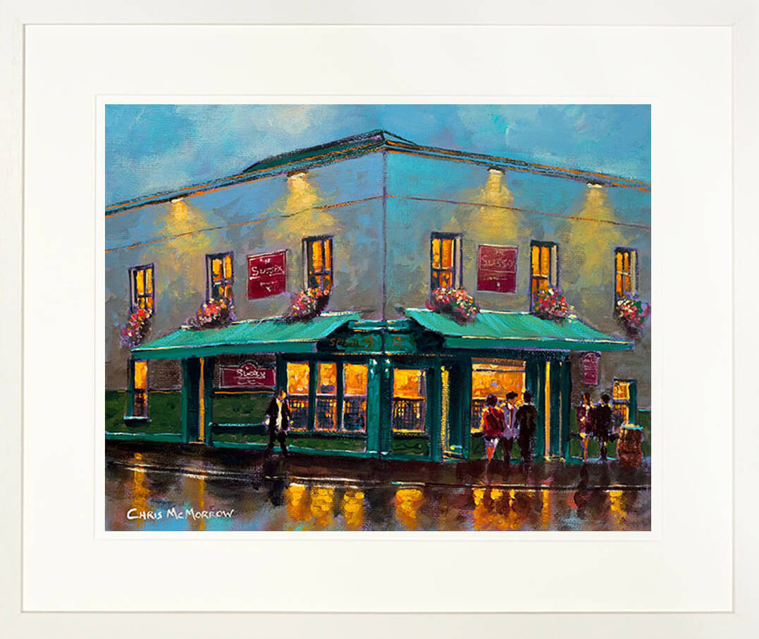 A framed print of a painting of O&#39;Briens and the Suffolk Restaurant on Leeson Street, Dublin