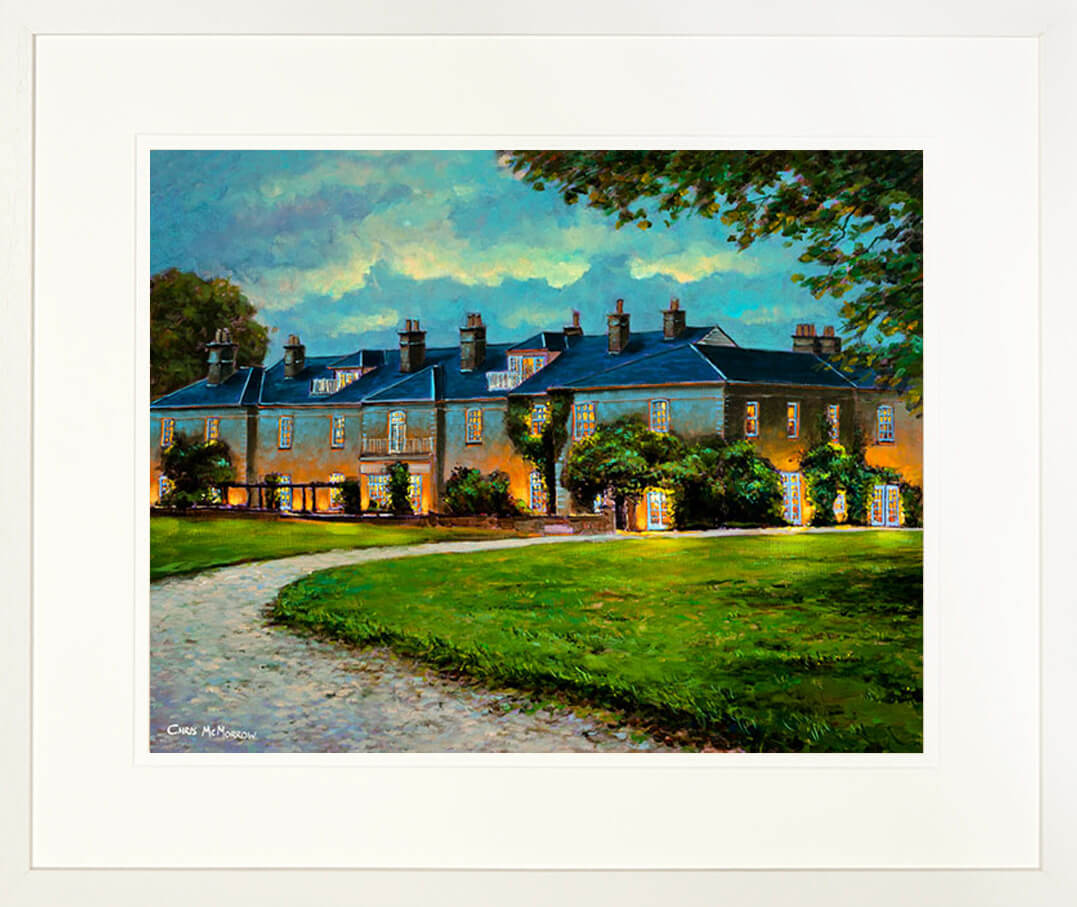 A framed print of a painting of the front façade of Dunbrody House and grounds in County Wexford