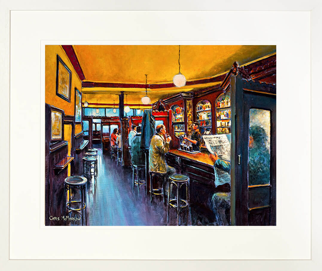 A framed print of a painting of customers drinking inside the bar in Kehoes Pub, Dublin