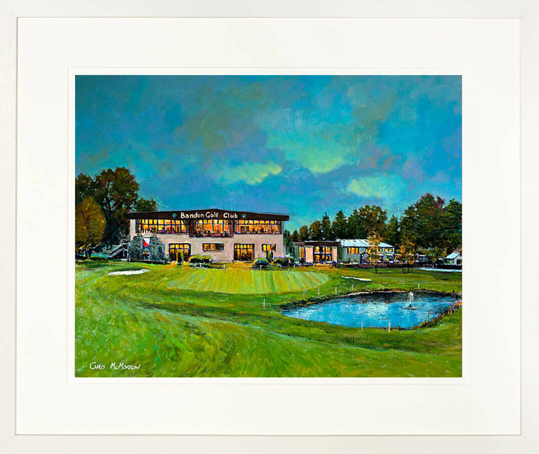 A mounted and framed print of a painting of Bandon Golf Club in County Cork by artist Chris McMorrow