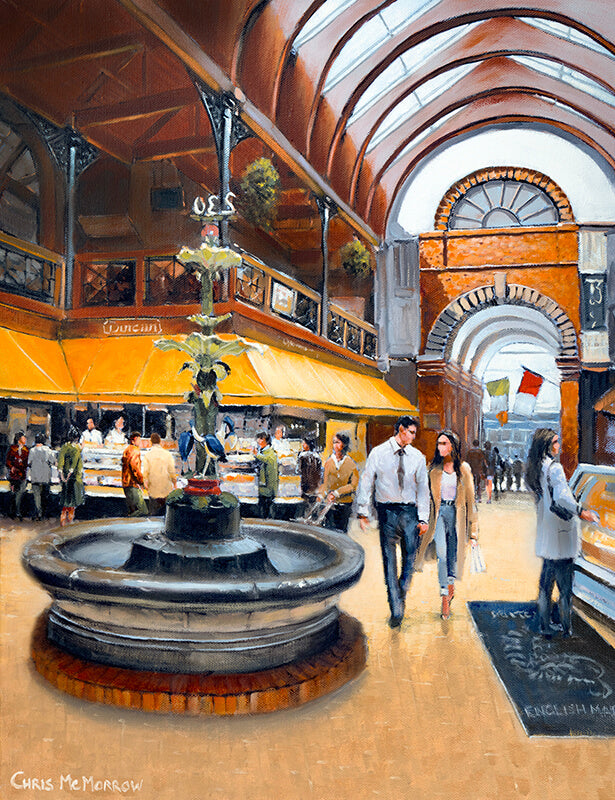 Painting of The English Market featuring a Victorian fountain in Cork city
