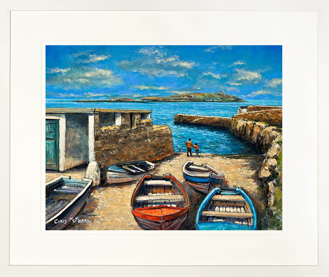 A print of a painting of fishing boats on the gangway at Coliemore Harbour, Co Dublin