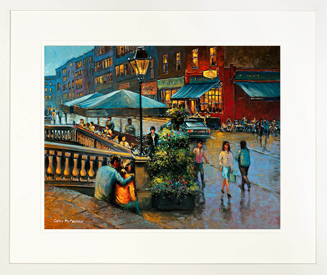 A framed print of a painting of people on the steps outside the Powerscourt Townhouse, South William Street, Dublin