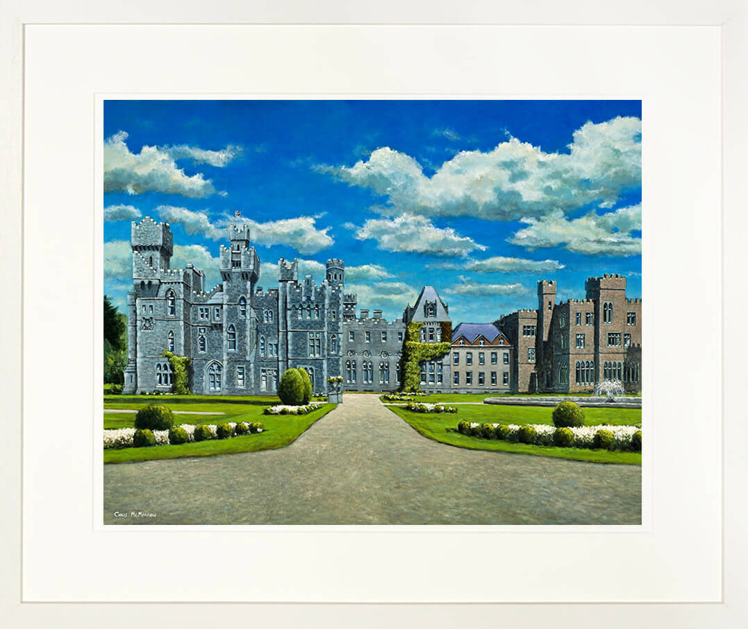 A limited edition print of a painting of Ashford Castle in Cong, County Mayo, framed and mounted