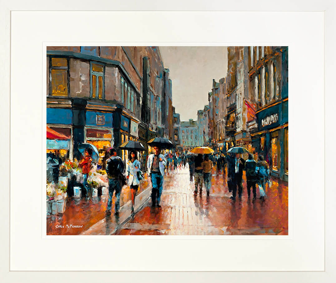 A framed print of a painting of an impressionistic muted Grafton Street on a dull afternoon in Dublin