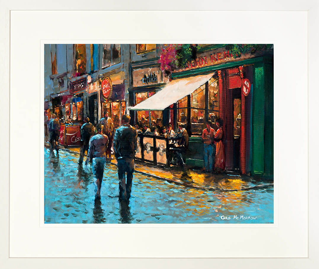 A framed print of a painting of Kehoes Pub and South Anne Street in the city centre, Dublin