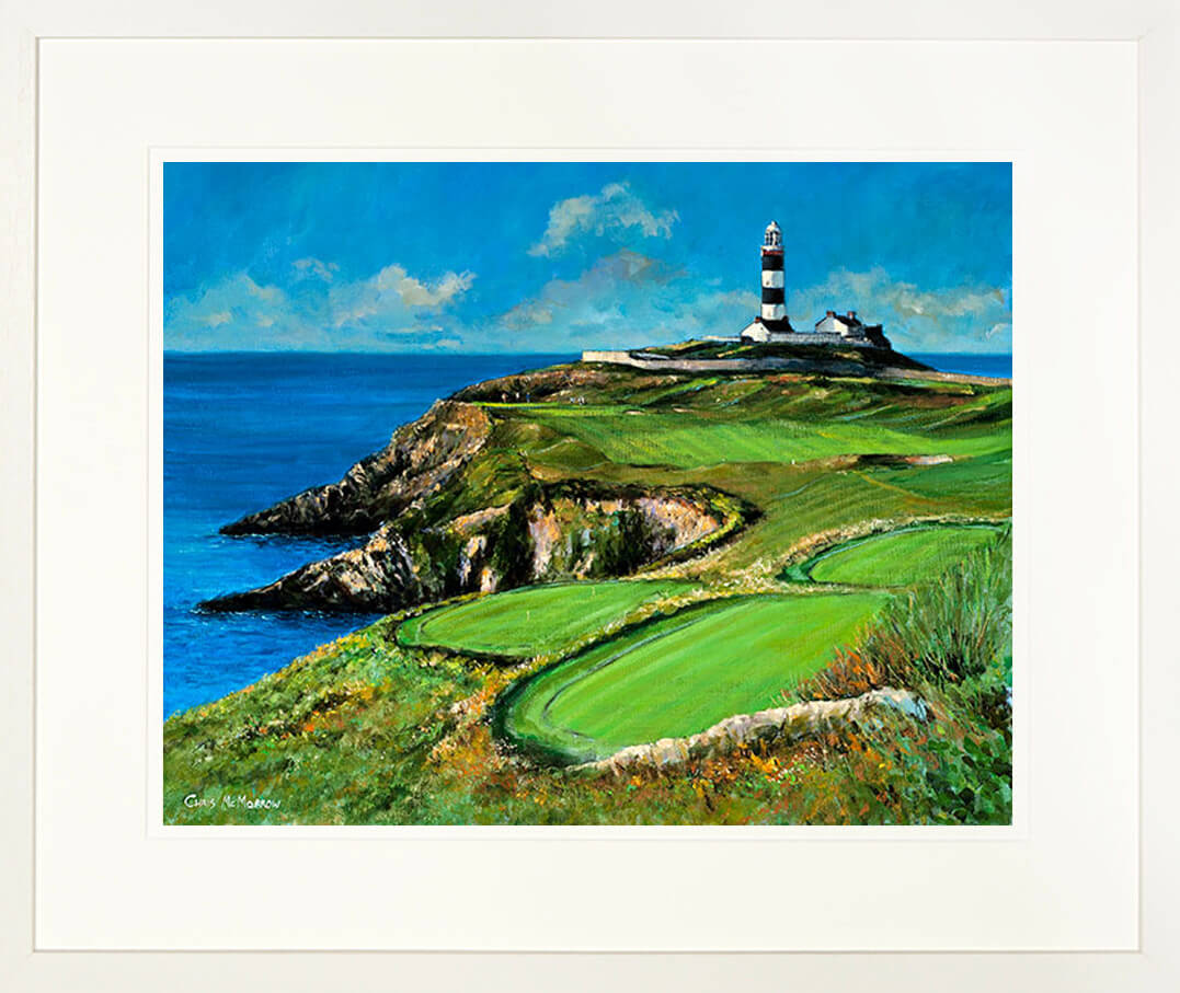 A mounted and framed print of a painting of the Lighthouse and golf links at the Old Head of Kinsale, Cork
