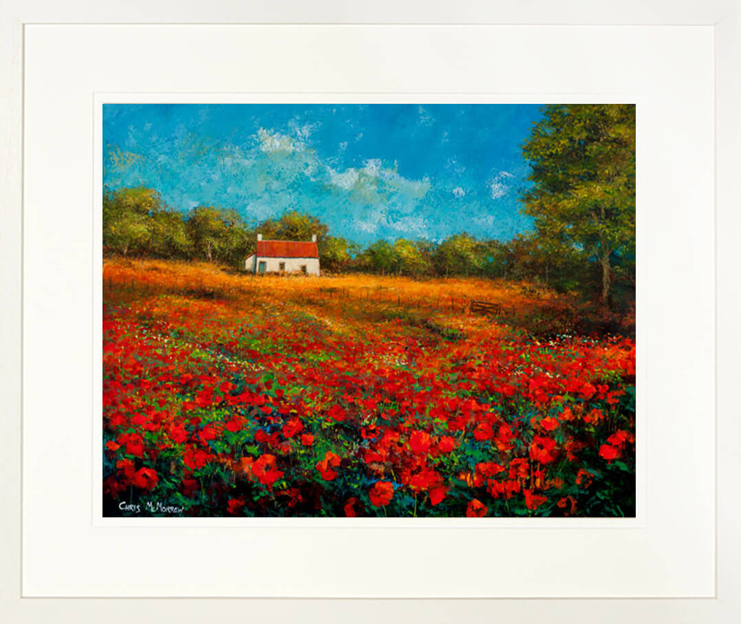 A print of a painting titled Red Poppyfield framed and mounted
