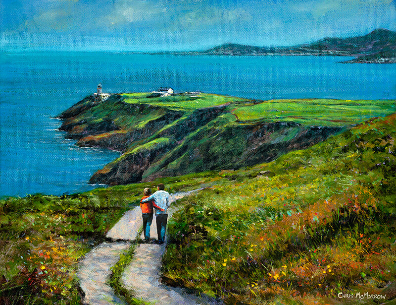 Painting of a couple walking along the cliff path on Howth Head