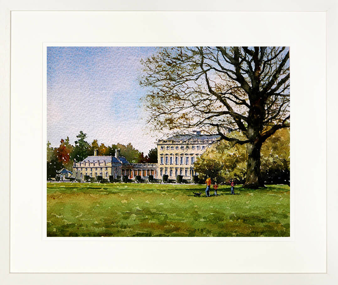 A framed print of a painting of of the front lawns and building of Castletown House