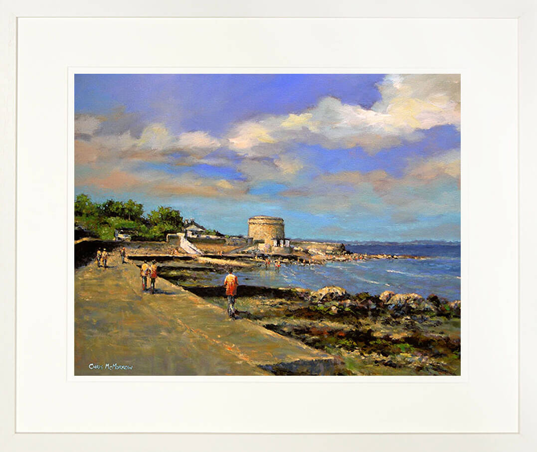 A framed print of a painting of people out walking along the promenade at Seapoint, County Dublin
