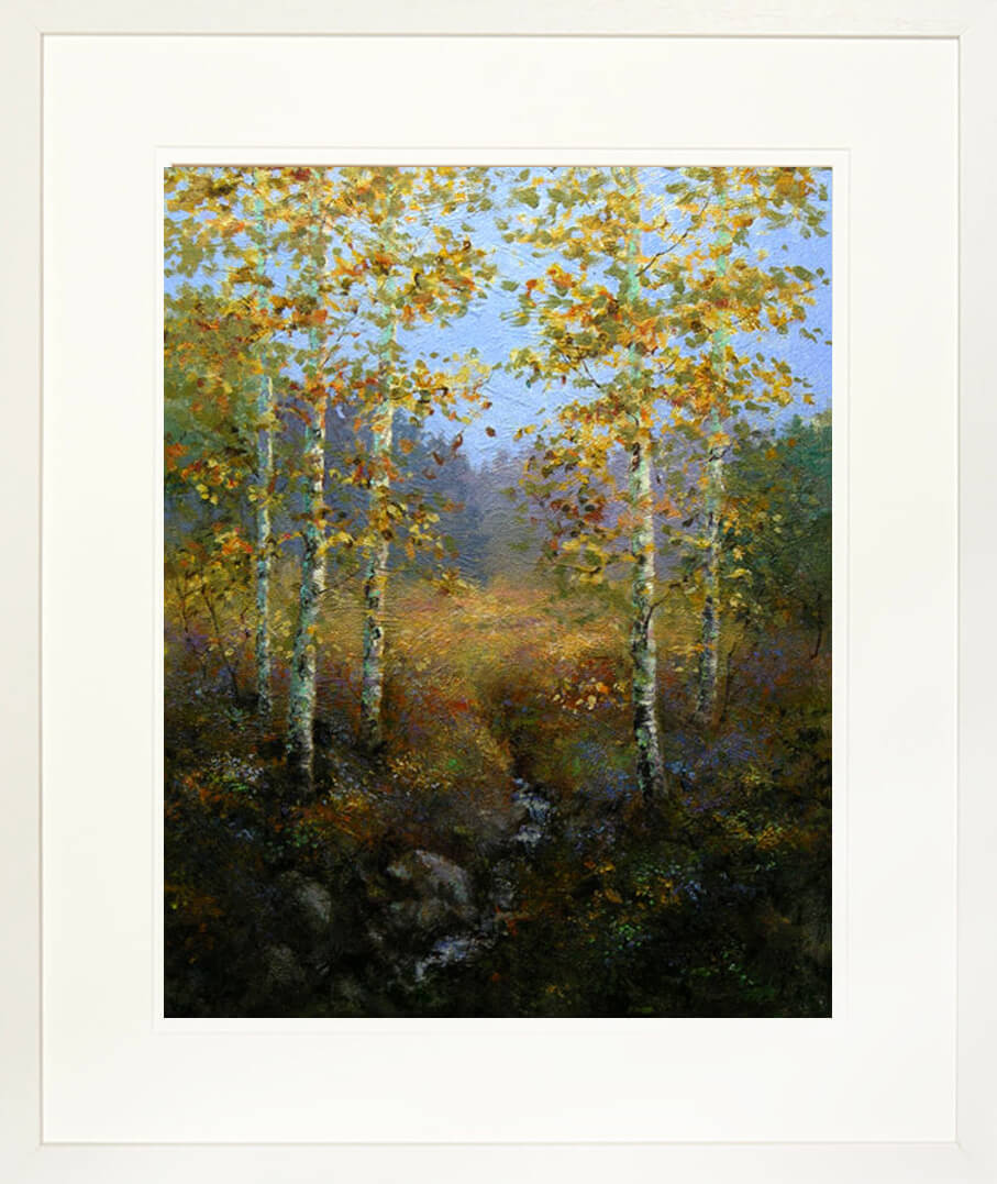 A framed print of a painting of a group of poplar trees by a tiny rivulet in the Irish bog landscape