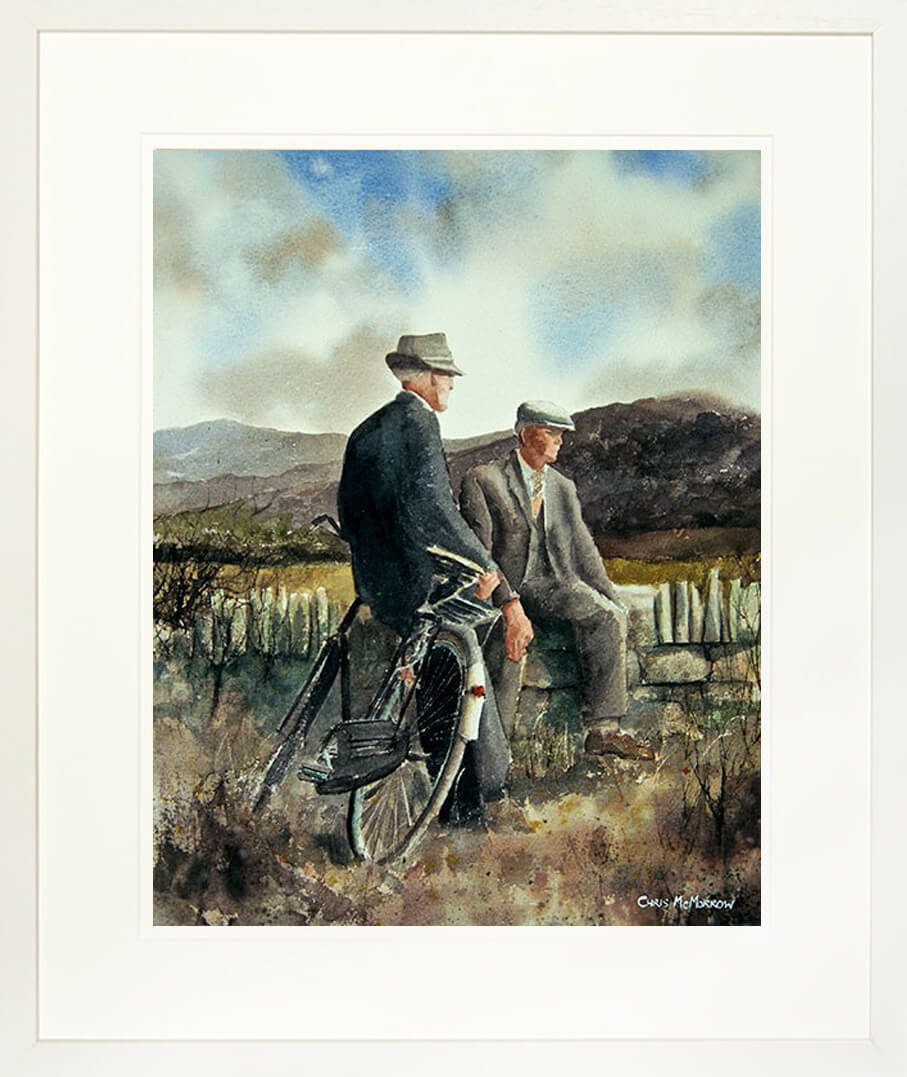 A print of a painting called Roadside Talk with 2 men talking by the roadside in a frame