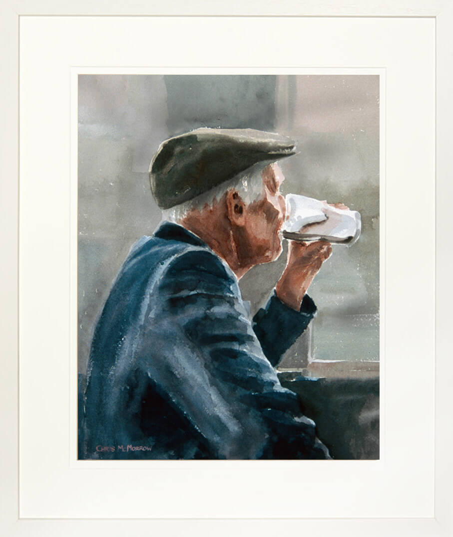 Framed print of a painting of an old man downing the last gulp of his pint of Guinness