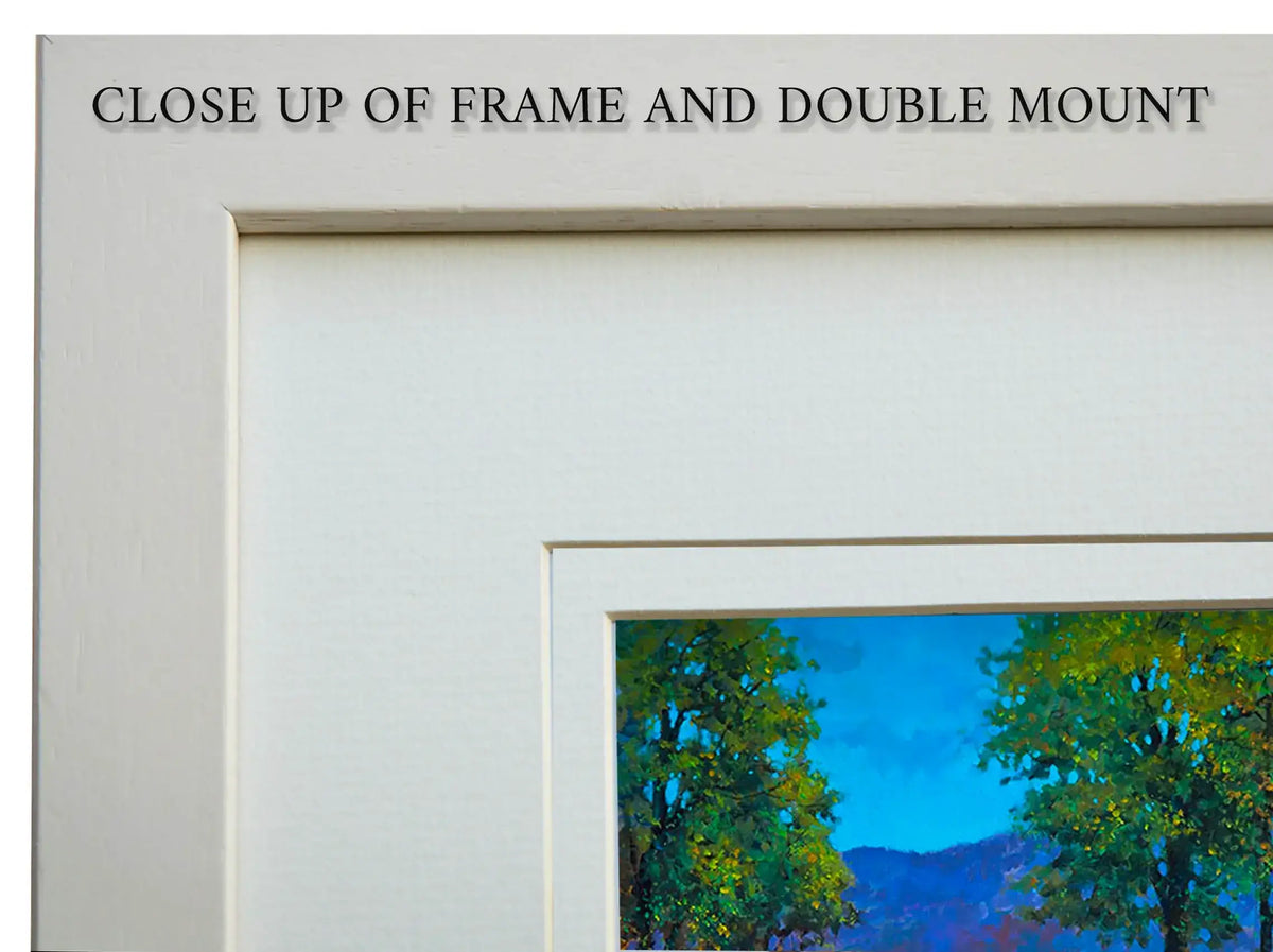 A corner of a framed fine art print
