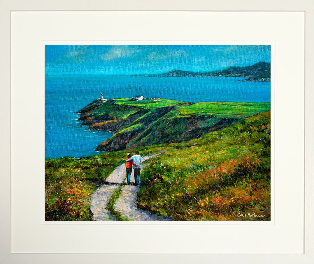 Framed print of two people strolling on the cliff at Howth, County Dublin