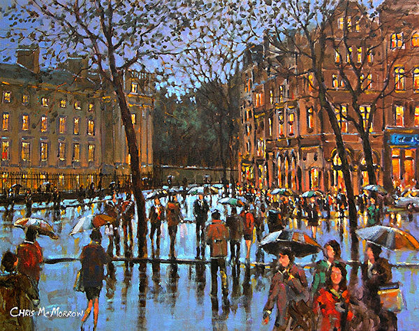 A painting of crowds of people crossing at College Green, Dublin