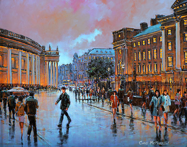 A painting of people in College Green , Dublin city