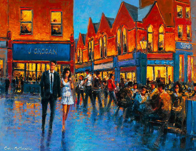 PAinting of a young couple out on a summer's evening on Coppinger Row, Dublin