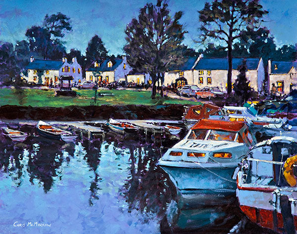 A vibrant acrylic painting of pleasure boats tied up in the tranquil harbour at Garrykennedy Village on the shores of Lough Derg, Co. Tipperary.