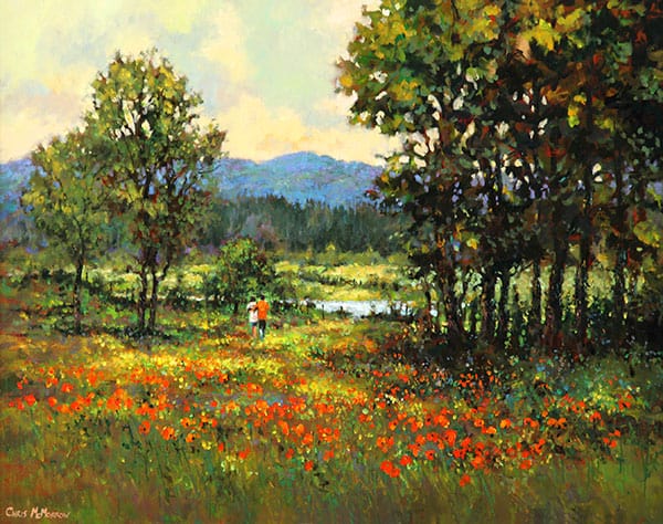 A painting of a couple taking a romantic stroll in a poppy meadow