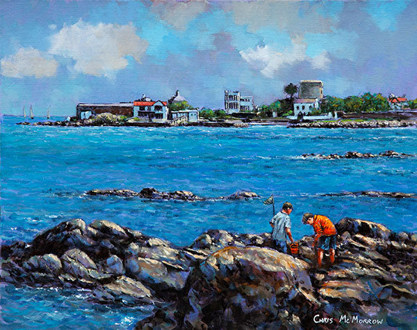 A painting of two boys as they search for crabs in Sandycove, Co Dublin