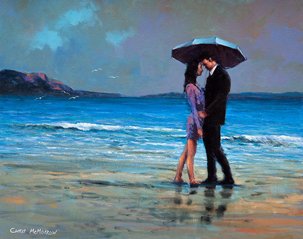 A painting of a couple embracing under an umbrella on the strand