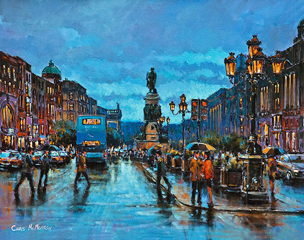 A painting of a couple under an umbrella in the middle of O'Connell Street, Dublin