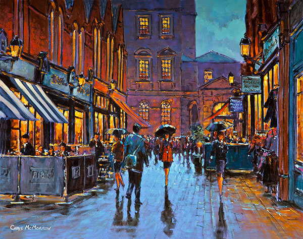 A painting of a busy evening in Castlemarket, Dublin