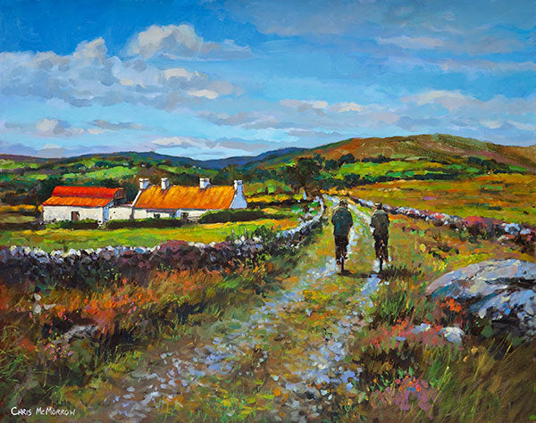 A painting of two men on bikes having a conversation on a country road