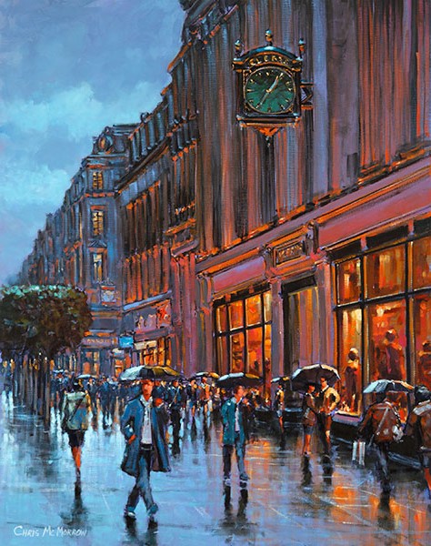 A painting of a couple meeting under Clery&#39;s clock in O&#39;Connell Street, Dublin