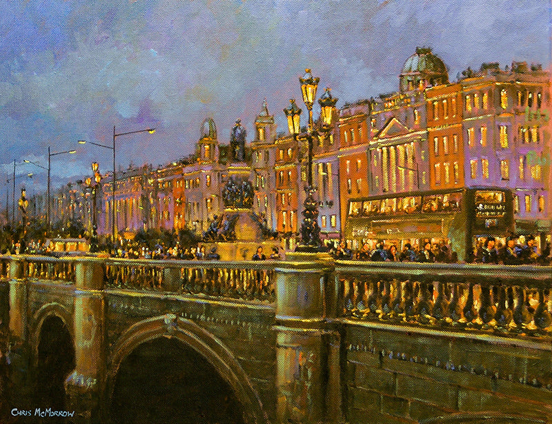 Painting of traffic on O'Connell Bridge, Dublin in the early evening