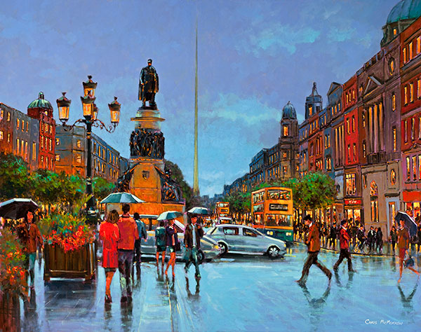 A painting of people and traffic crossing O'Connell Street